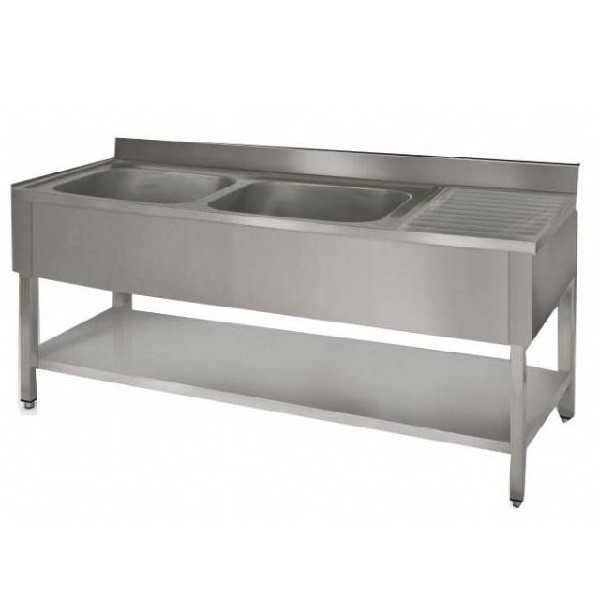 STAINLESS STEEL OPEN SINK 2 TANKS + 1 DRIP TRAY AND LOWER SHELF DEPTH 70 CM