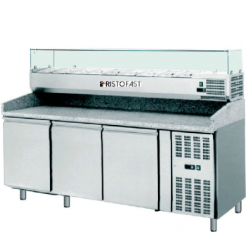 VENTILATED REFRIGERATED PIZZA COUNTER 3 DOORS WITH GRANITE TOP AND REFRIGERATED INGREDIENTS DISPLAY DISPLAY