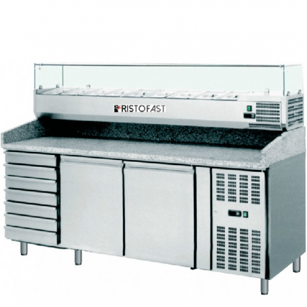 VENTILATED REFRIGERATED PIZZA COUNTER 2 DOORS + 7 DRAWERS WITH GRANITE TOP AND REFRIGERATED INGREDIENTS DISPLAY DISPLAY