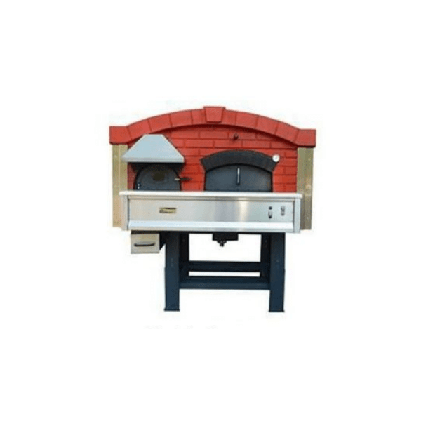 Rotating base wood-fired oven with separate combustion chamber