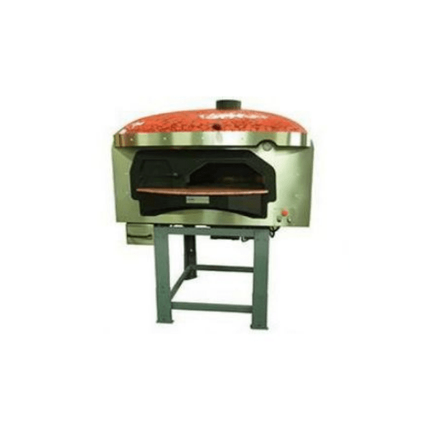 Rotating base wood-fired oven with domed cooking chamber and separate combustion chamber