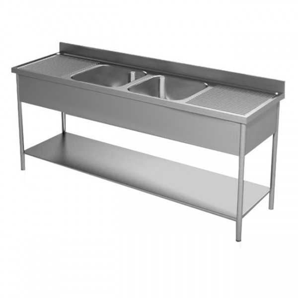 OPEN STAINLESS STEEL SINK WITH LOWER SHELF 2 TANKS + 2 DRIP TRAYS DEPTH 70 CM