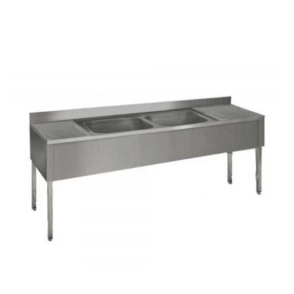 STAINLESS STEEL SINK WITH 2 TANKS AND 2 DRIP TRAYS WITH BASE ON LEGS, DEPTH 70 CM