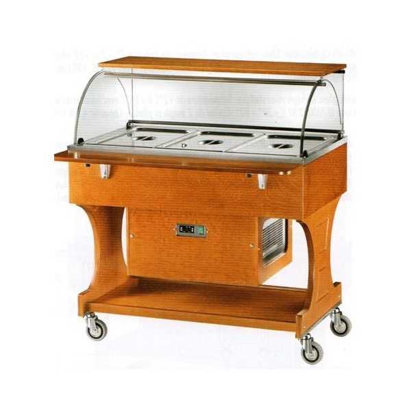 REFRIGERATED WOODEN TROLLEY WITH PLEXIGLASS DOME AND UPPER SHELF - CAPACITY: 3 GN 1/1 TANKS - L.148 x D.90 x H.126 cm