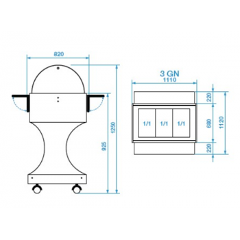 HOT BAIN MARIE TROLLEY WITH PLEXIGLASS DOME - CAPACITY: 3 GN 1/1 BOWLS - L.111 x D.112 x H.125 cm