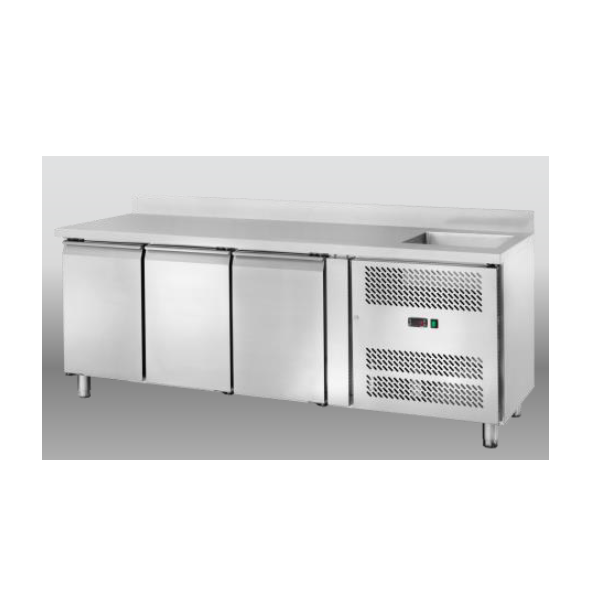 REFRIGERATED TABLE 3 DOORS WITH SINK AND BACKPACK - DIMENSIONS: L.202 x D.70 x H.96 cm