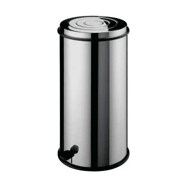 Round stainless steel waste bin with internal basket and pedal